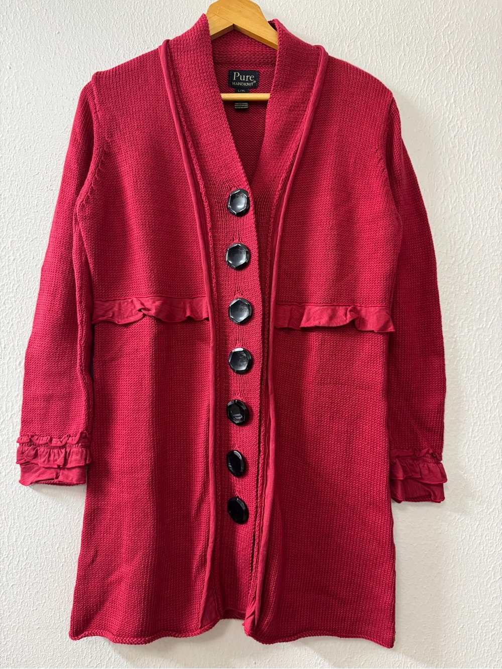 Pure Handknit textured button-front cardigan with ruffled cuffs